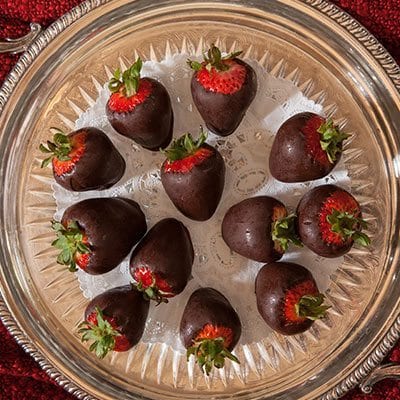 Indulge Yourself- chocolate strawberries on tray.